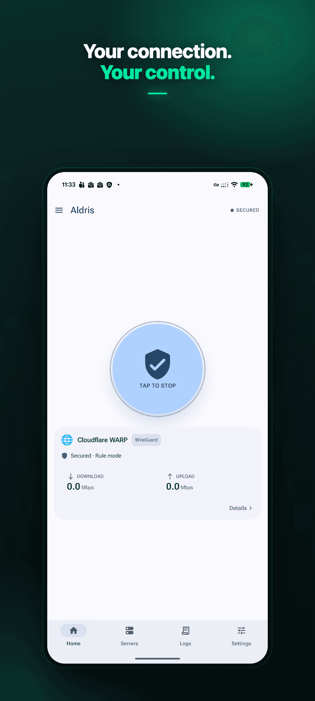 Aldris home screen showing a secured private connection and live tunnel status.