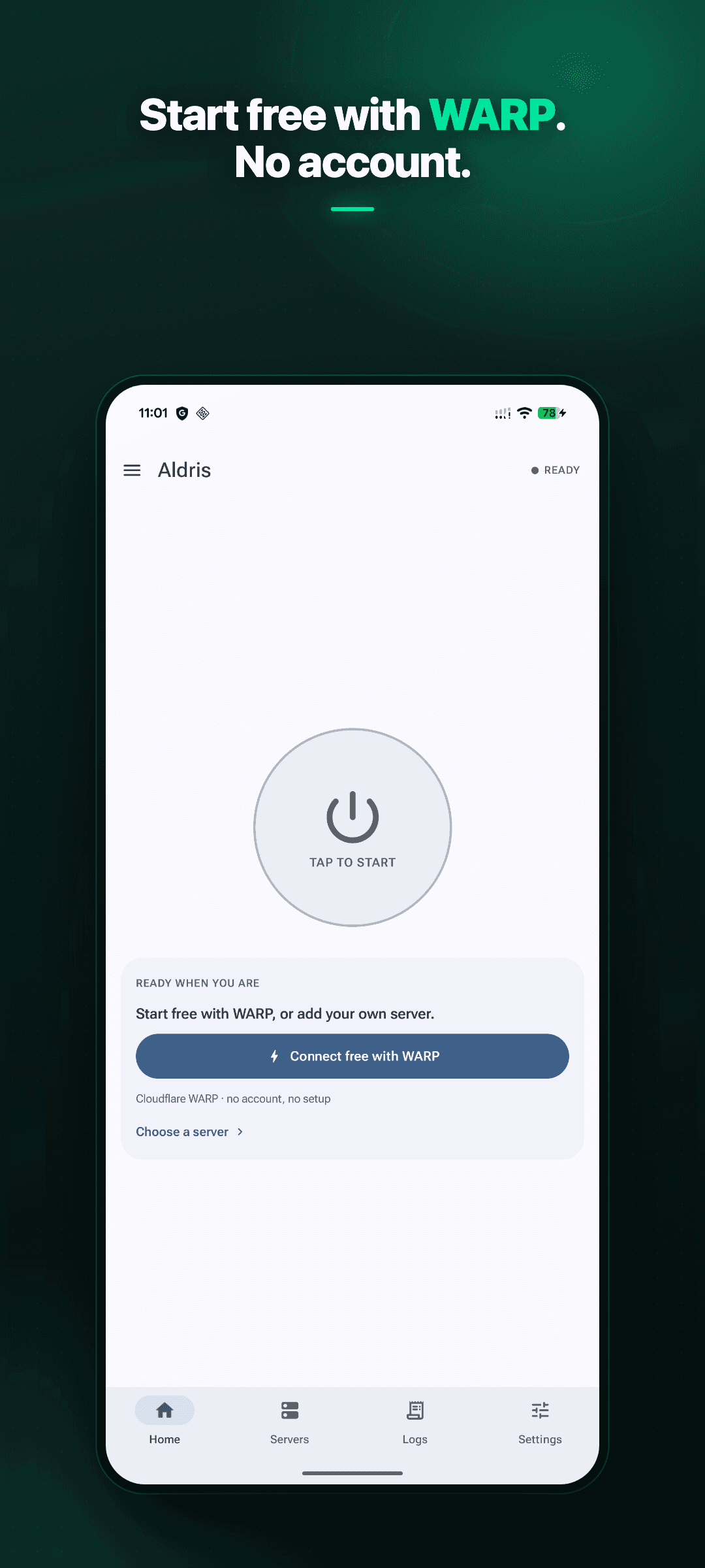 Aldris showing the account-free Cloudflare WARP connection option.