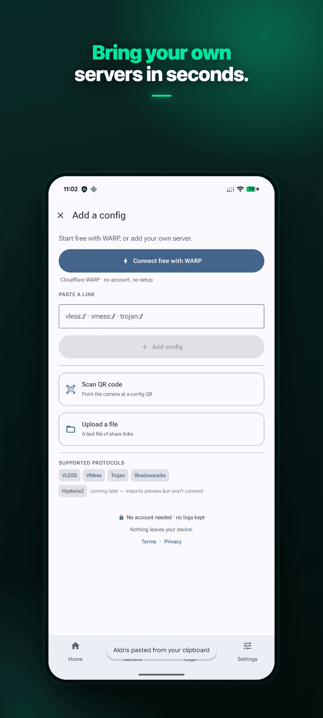 Aldris import screen for pasting a supported proxy link or scanning a QR code locally.